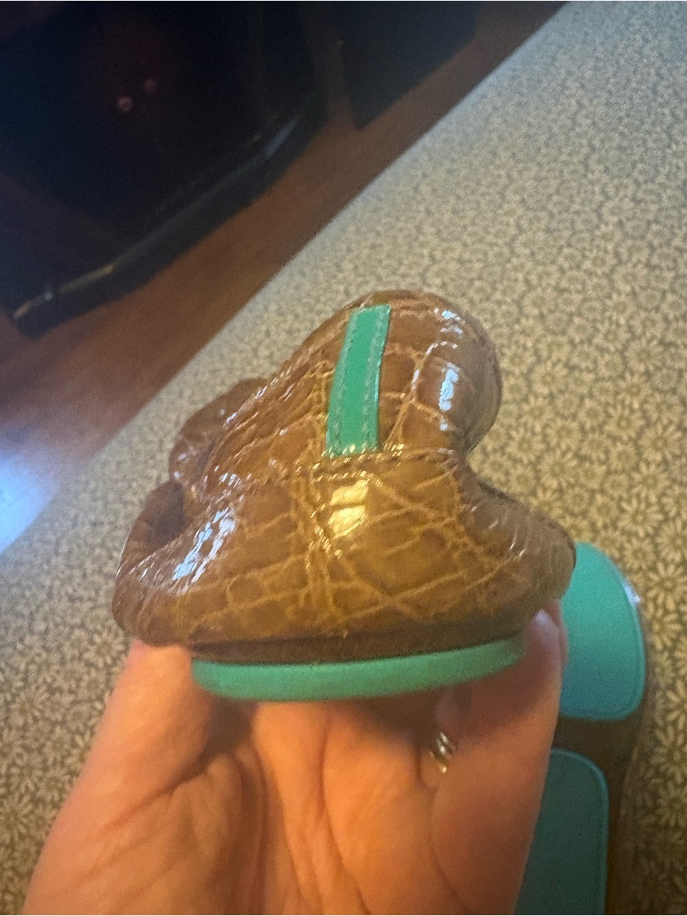 Tieks Brown Croc-Embossed Leather Ballet Flats with Teal Accent - Picture 7 of 7